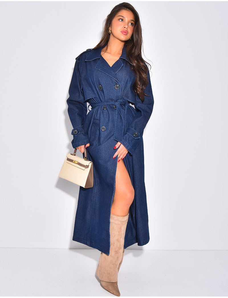 Trench très long en jeans à ceinture