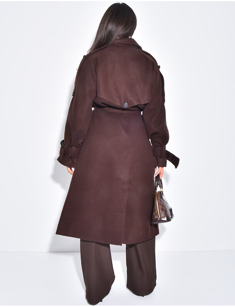 Trench long en feutrine à ceinture à la taille