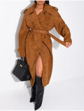 Trench long en suédine ceinturé à la taille