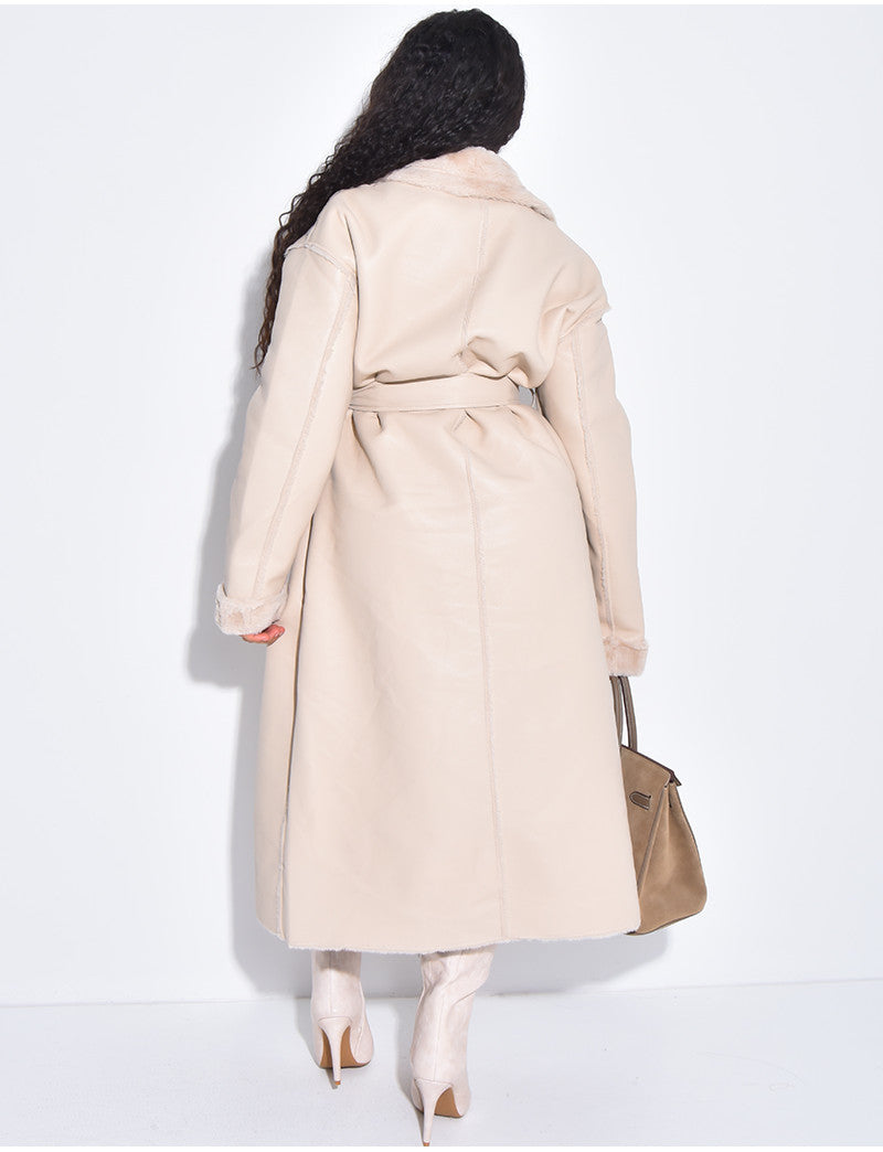 Manteau long en similicuir intérieur fourré polaire