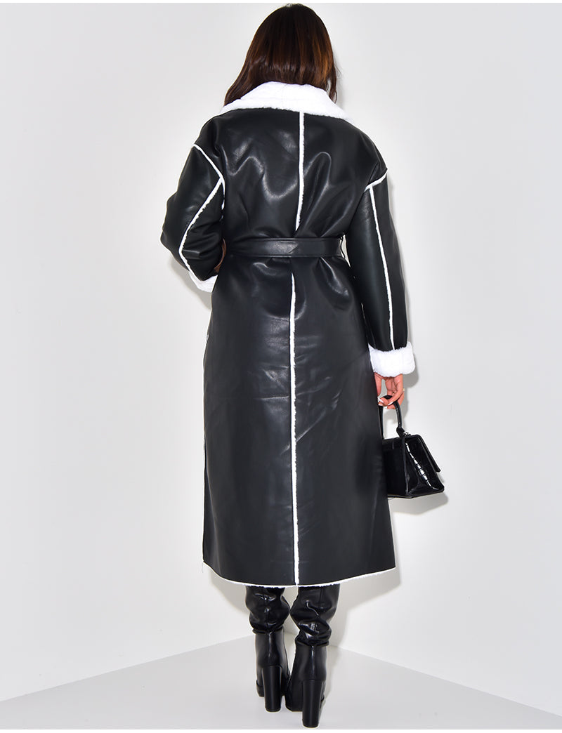 Manteau long en similicuir intérieur fourré polaire
