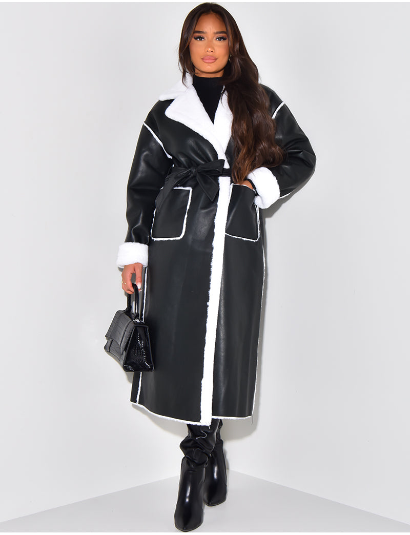 Manteau long en similicuir intérieur fourré polaire