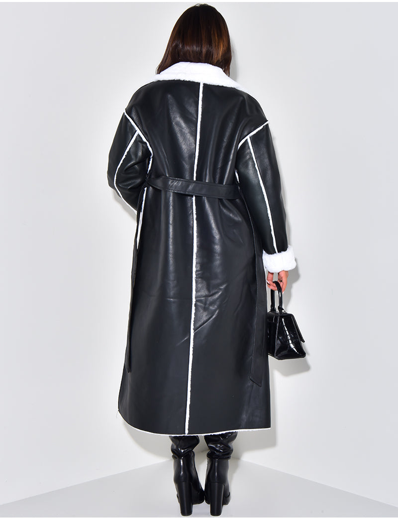Manteau long en similicuir intérieur fourré polaire