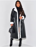 Manteau long en similicuir intérieur fourré polaire