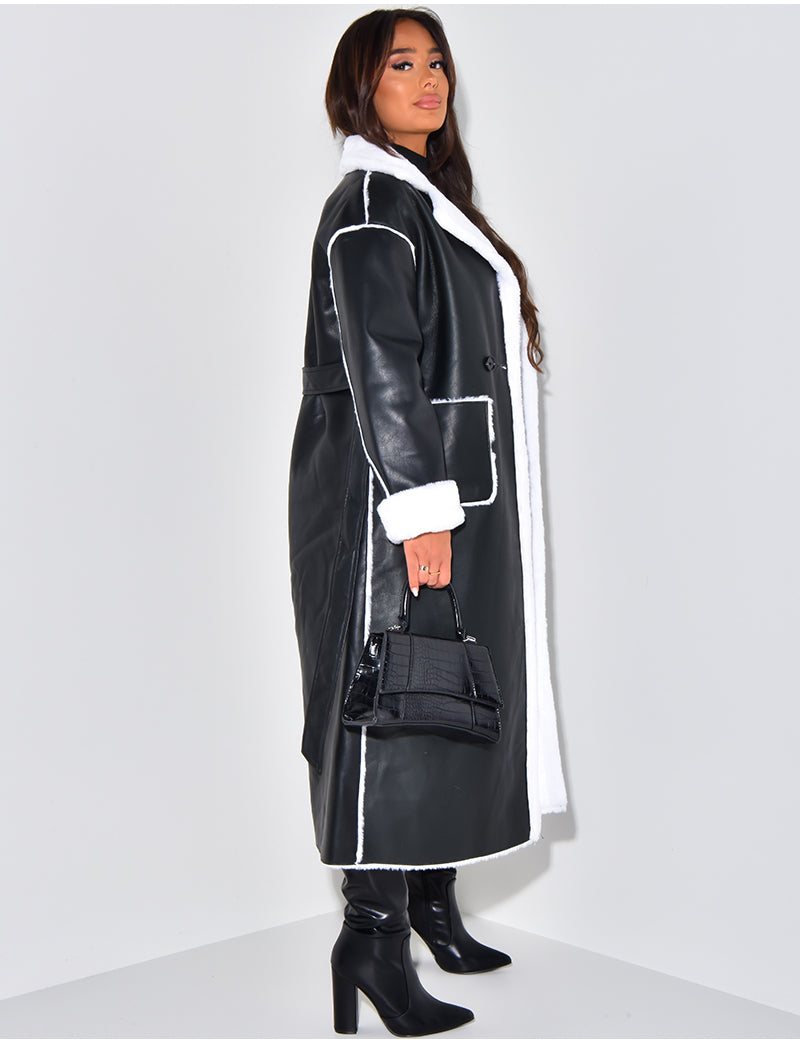 Manteau long en similicuir intérieur fourré polaire