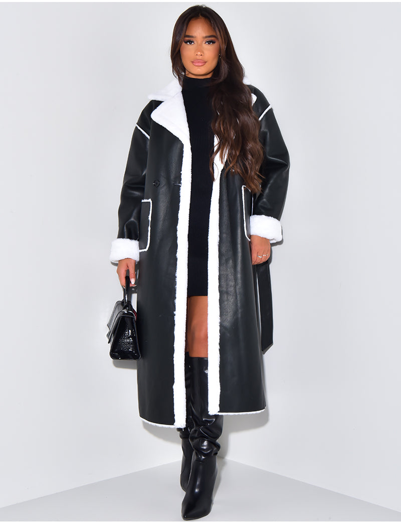 Manteau long en similicuir intérieur fourré polaire