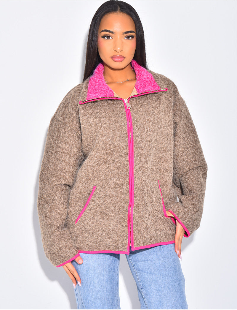 Veste en laine bouillie à bordures contrastantes