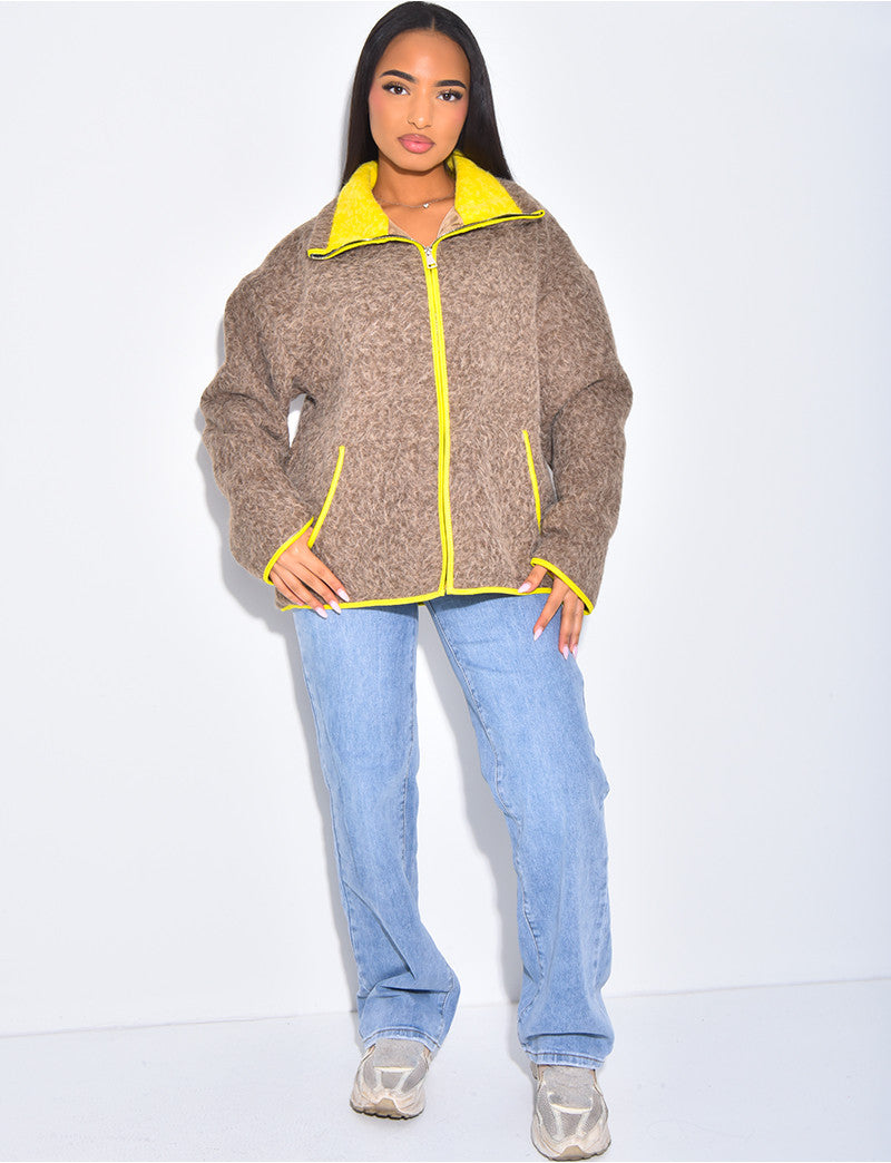 Veste en laine bouillie à bordures contrastantes