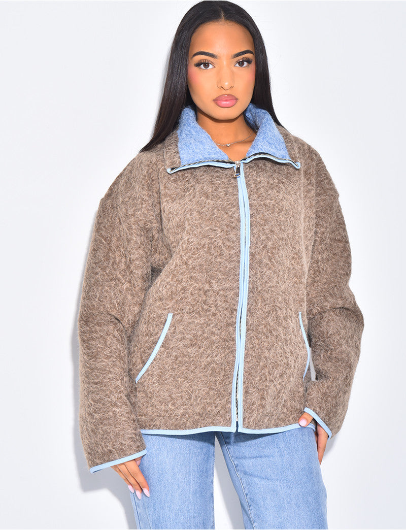 Veste en laine bouillie à bordures contrastantes