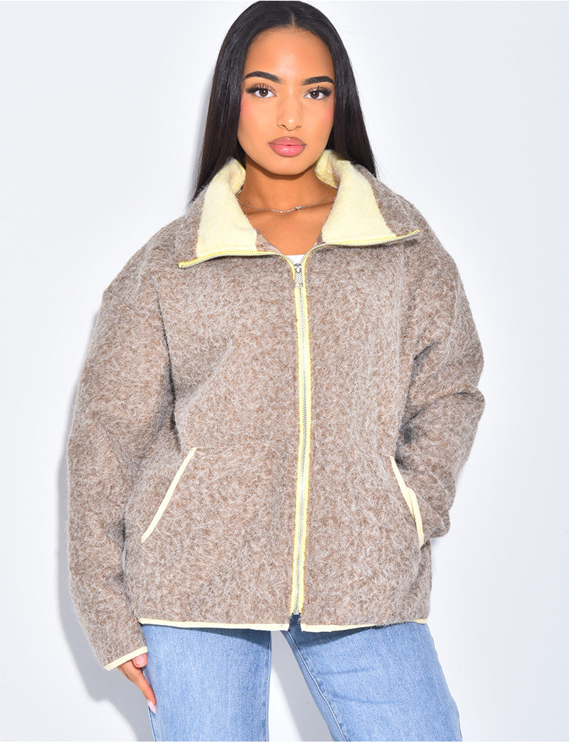 Veste en laine bouillie à bordures contrastantes
