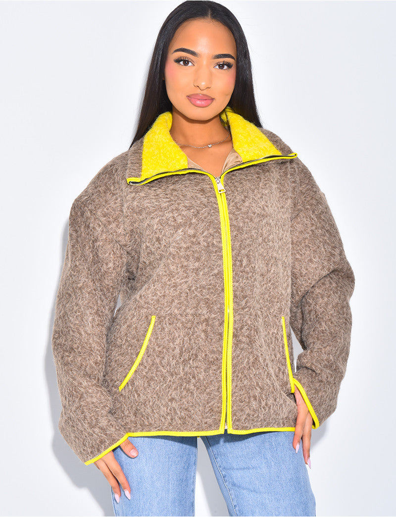 Veste en laine bouillie à bordures contrastantes