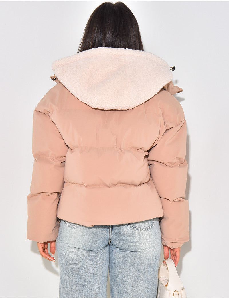 Veste courte à capuche peau de mouton amovible