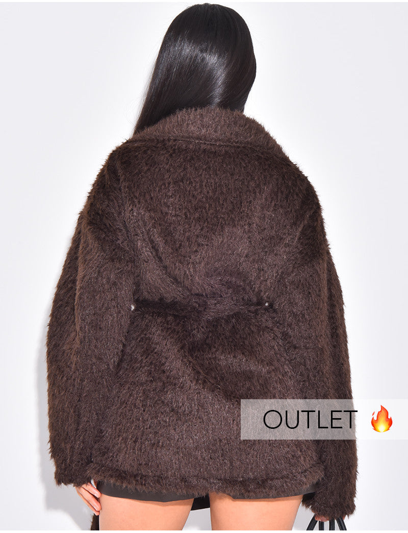 OUTLET| Manteau cache-coeur effet fausse fourrure à broche dorée