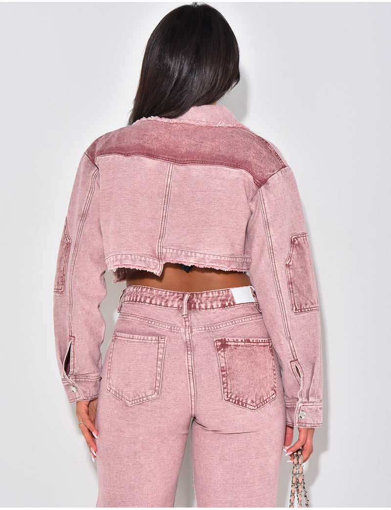Veste courte en jeans effet délavé à empiècements contrastants