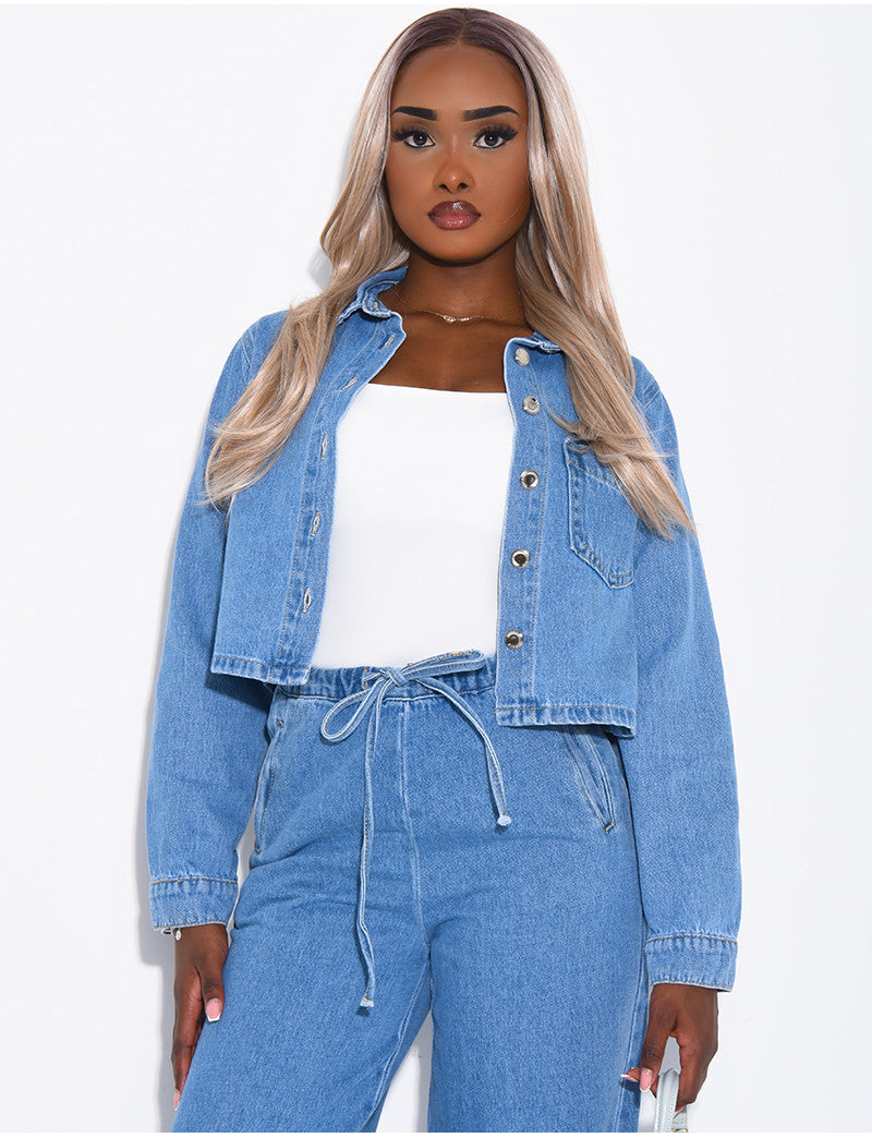 Veste courte en jeans à poche fendue