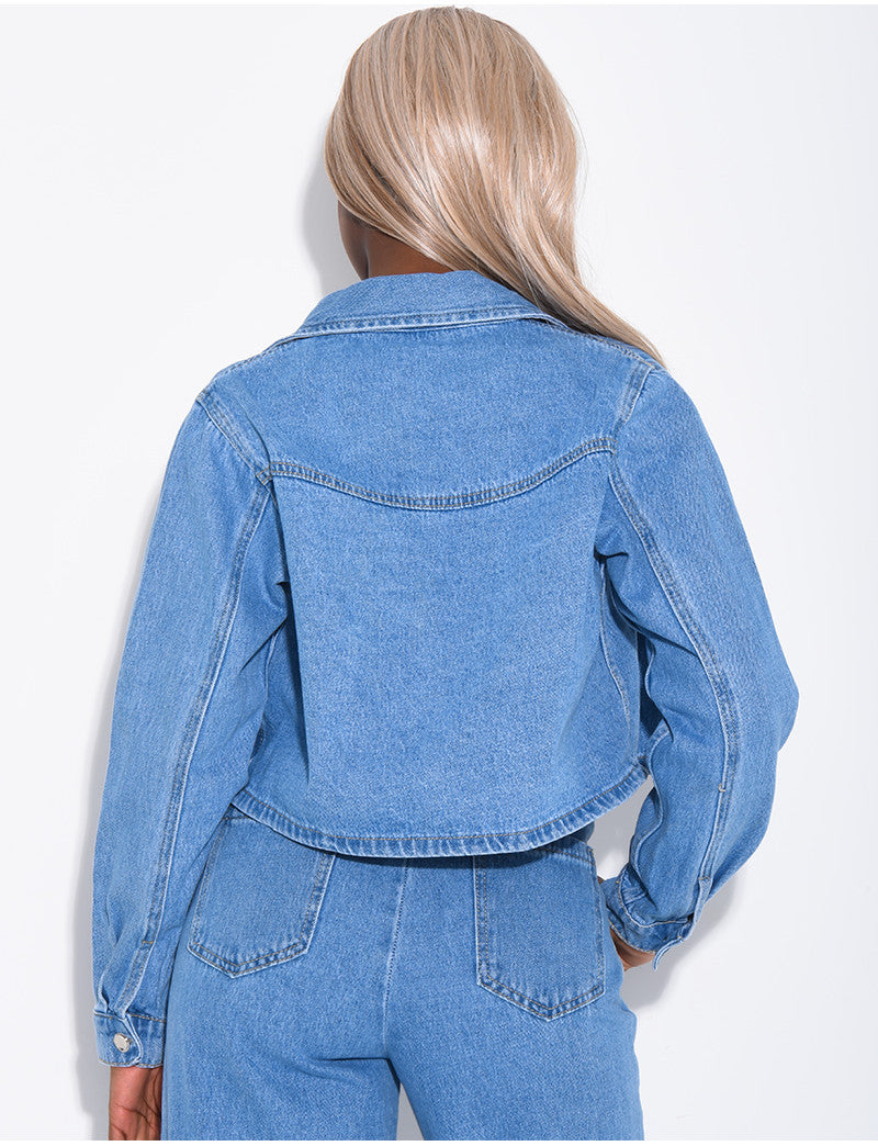 Veste courte en jeans à poche fendue