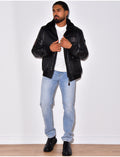 Veste en cuir véritable à col fourré amovible