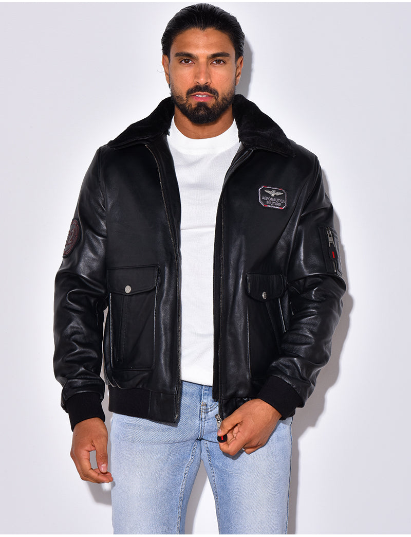Veste en cuir véritable à col fourré amovible