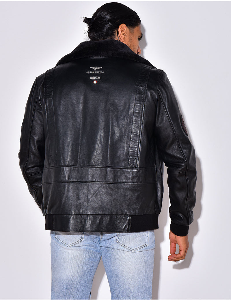 Veste en cuir véritable à col fourré amovible