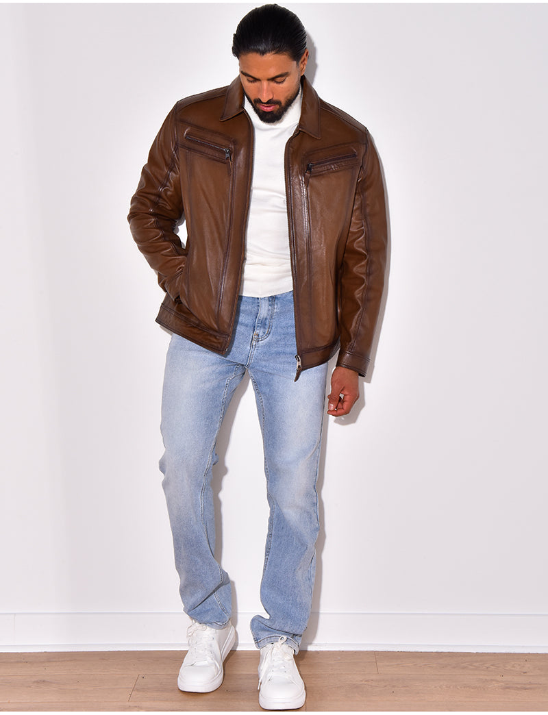 Veste en cuir avec poches à fermeture éclaire