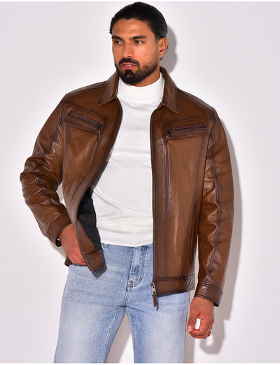 Veste en cuir avec poches à fermeture éclaire
