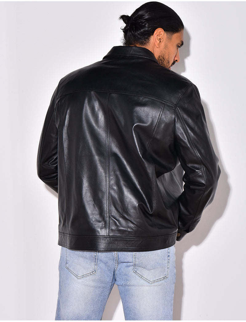 Veste en cuir avec poches à fermeture éclaire