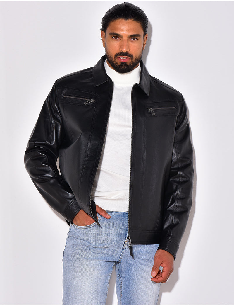 Veste en cuir avec poches à fermeture éclaire