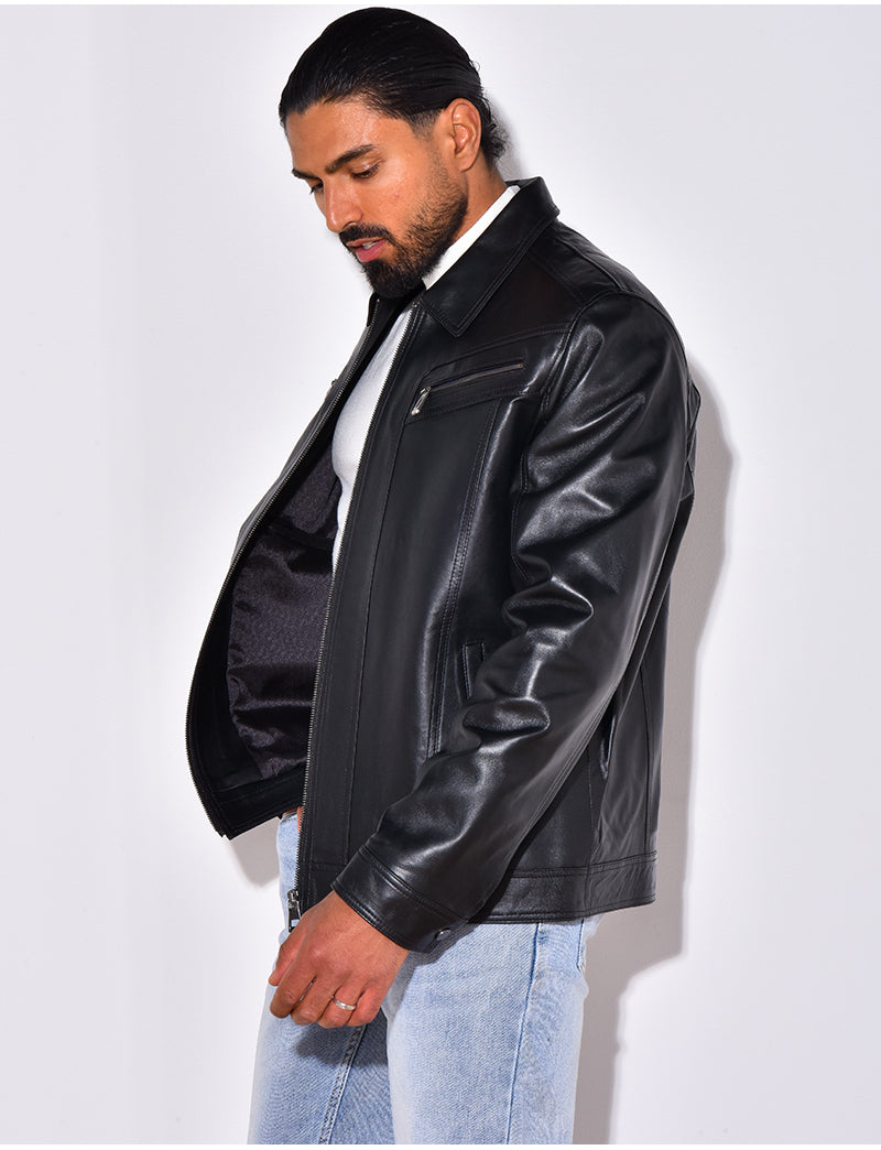 Veste en cuir avec poches à fermeture éclaire