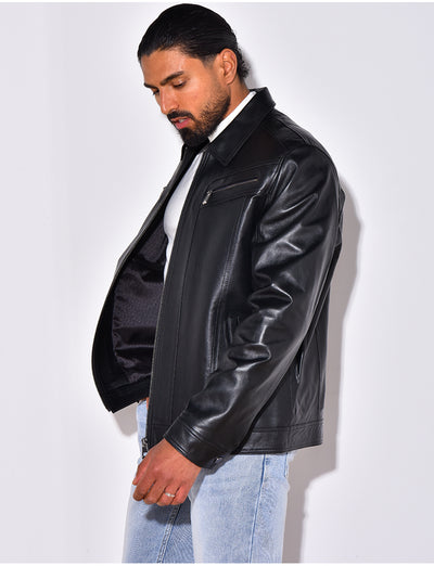 Veste en cuir avec poches à fermeture éclaire