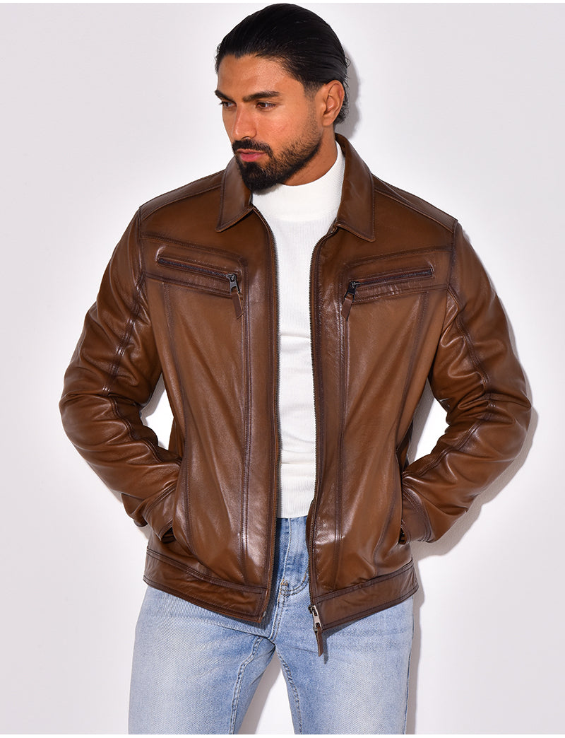 Veste en cuir avec poches à fermeture éclaire