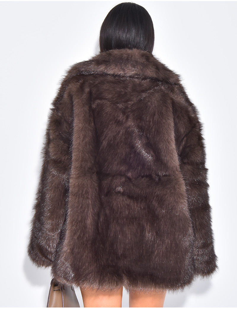 Manteau mi long en fausse fourrure marron froid