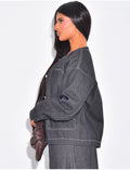 Veste coupe droite en jeans à surpiqûres blanches