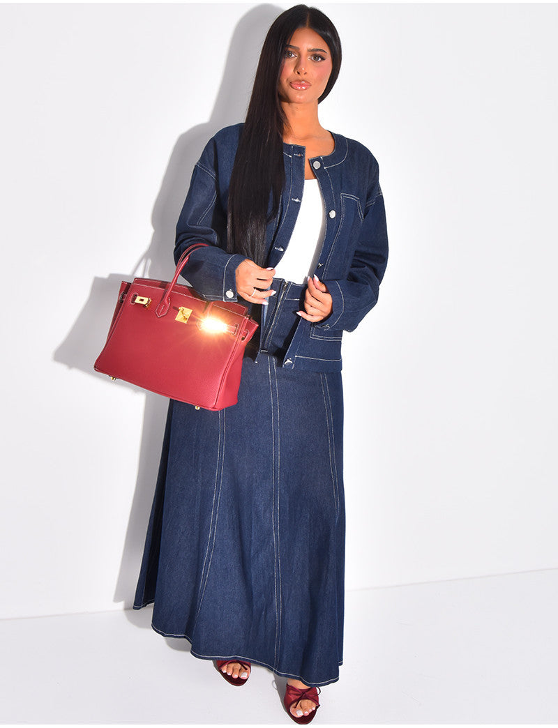 Veste coupe droite en jeans à surpiqûres blanches