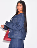 Veste coupe droite en jeans à surpiqûres blanches
