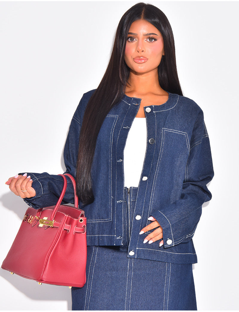 Veste coupe droite en jeans à surpiqûres blanches