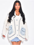 Cardigan oversize en maille épaisse à empiècements en jeans