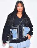 Cardigan en laine à empiècements jeans sur les poches