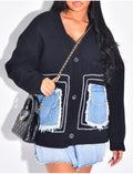 Cardigan en laine à empiècements jeans sur les poches