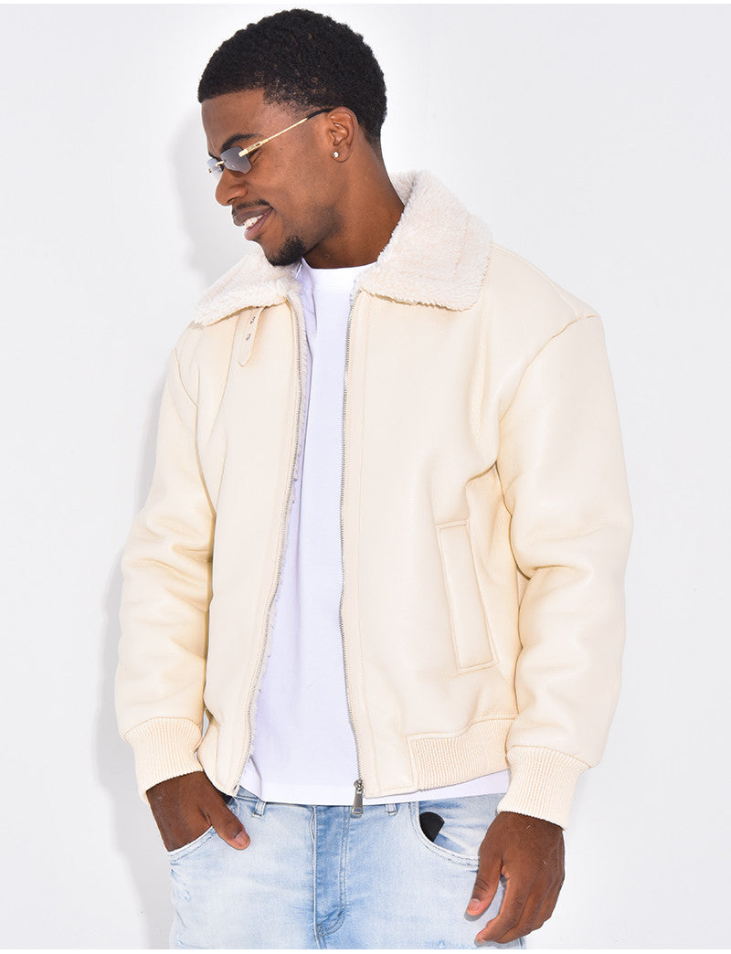 Veste en similicuir avec fourrure au col