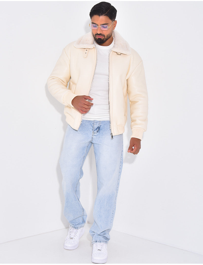 Veste en similicuir avec fourrure au col
