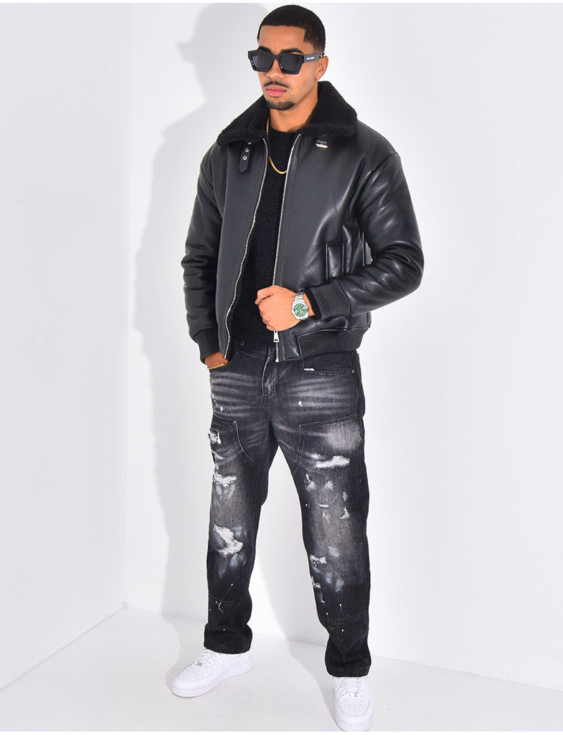 Veste en similicuir avec fourrure au col