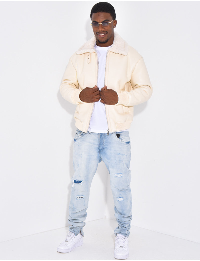 Veste en similicuir avec fourrure au col