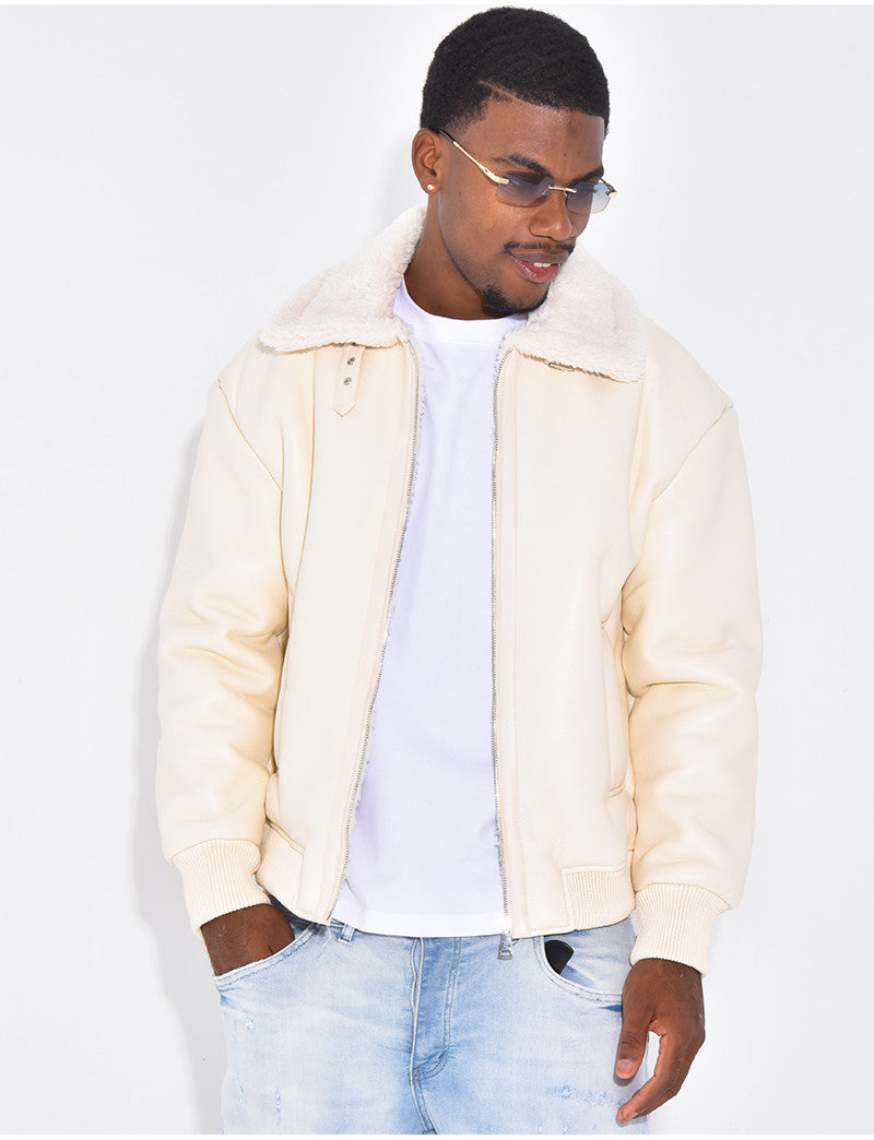 Veste en similicuir avec fourrure au col