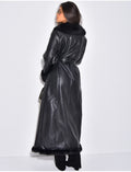 Manteau très long en similicuir fourré à bordures en fausse fourrure