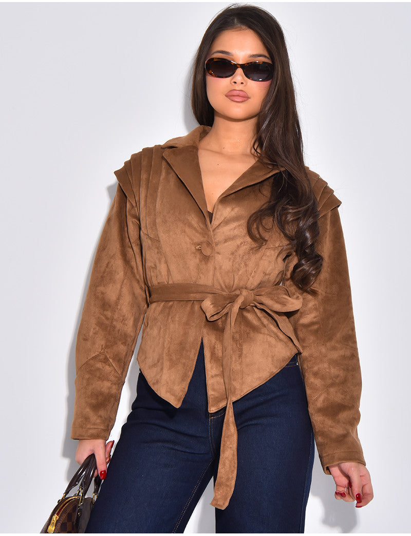 Veste courte effet daim camel à ceinture nouée