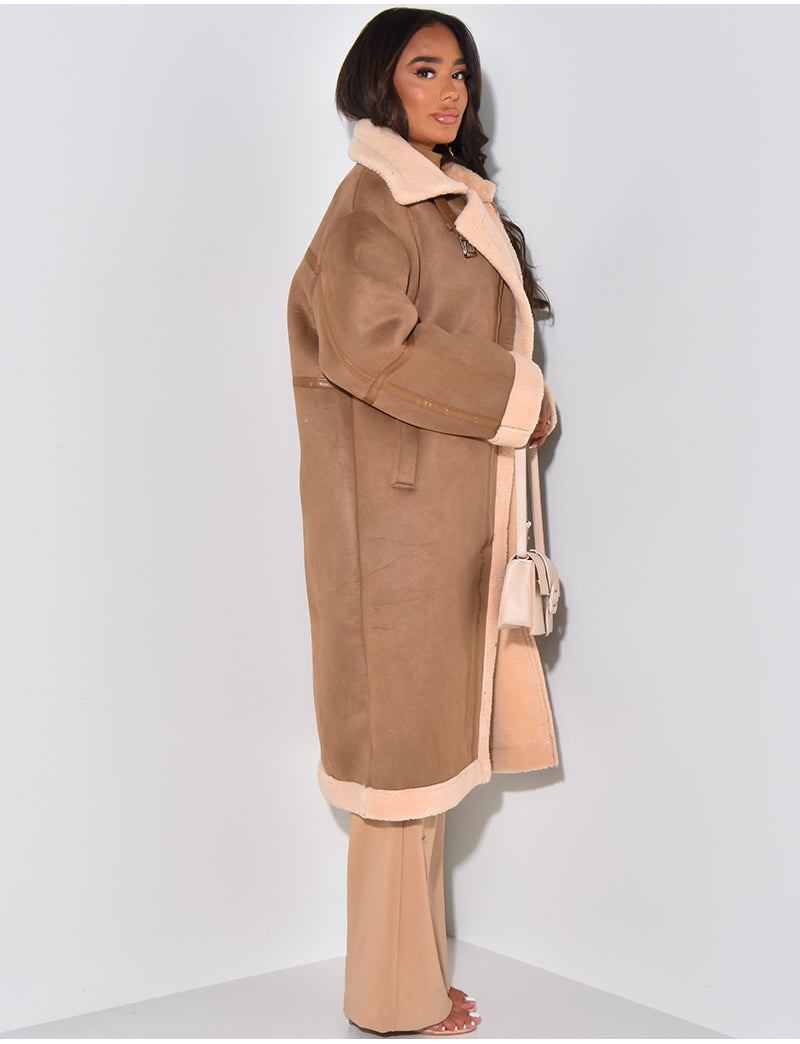 Manteau aviateur long en suédine à doublure peau de mouton